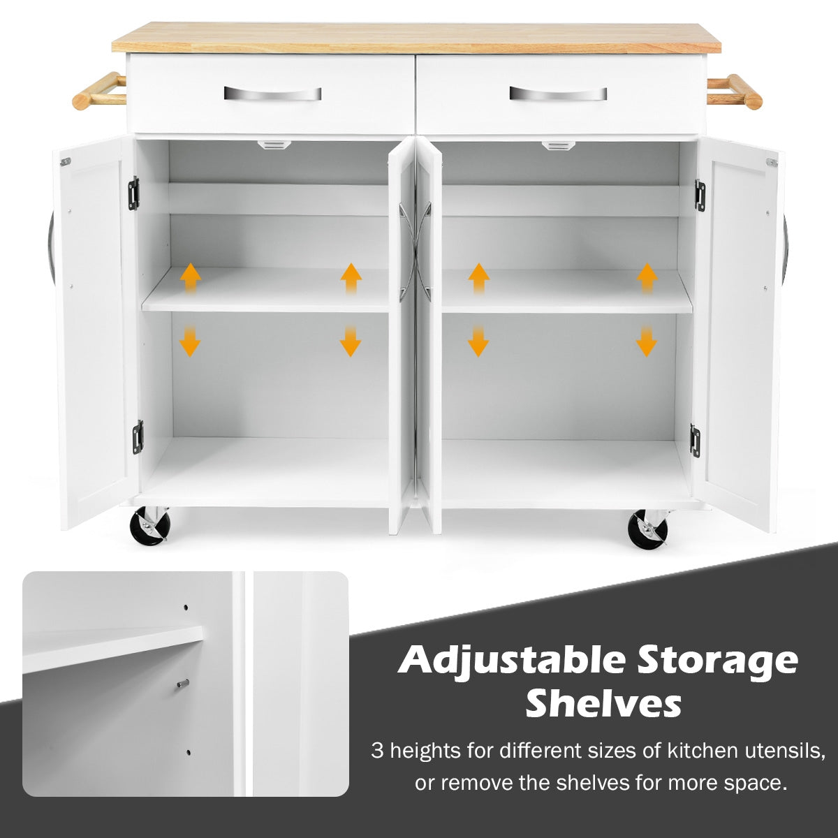 Wood Top Rolling Kitchen Trolley Island Cart Storage Cabinet-WhiteÂ