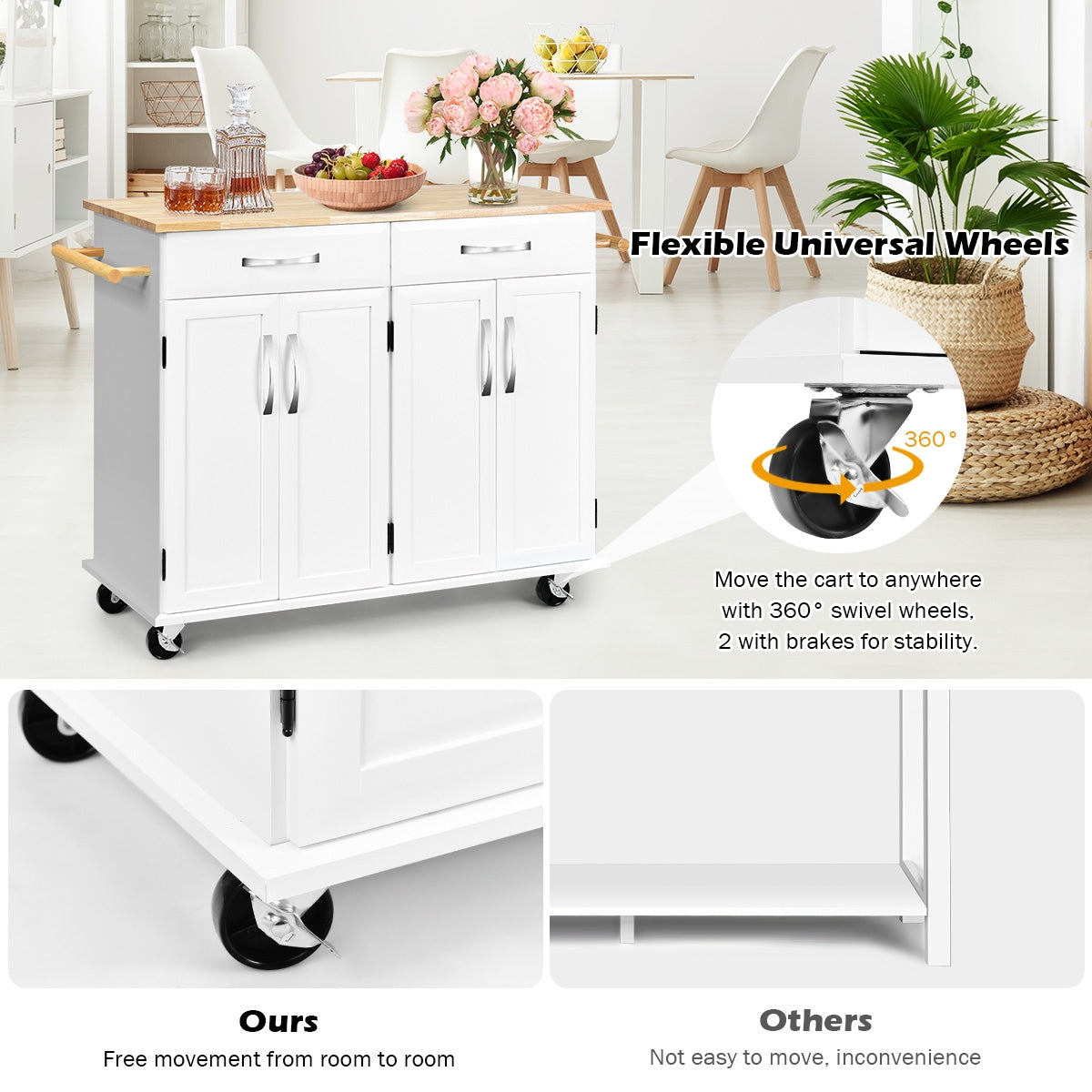 Wood Top Rolling Kitchen Trolley Island Cart Storage Cabinet-WhiteÂ