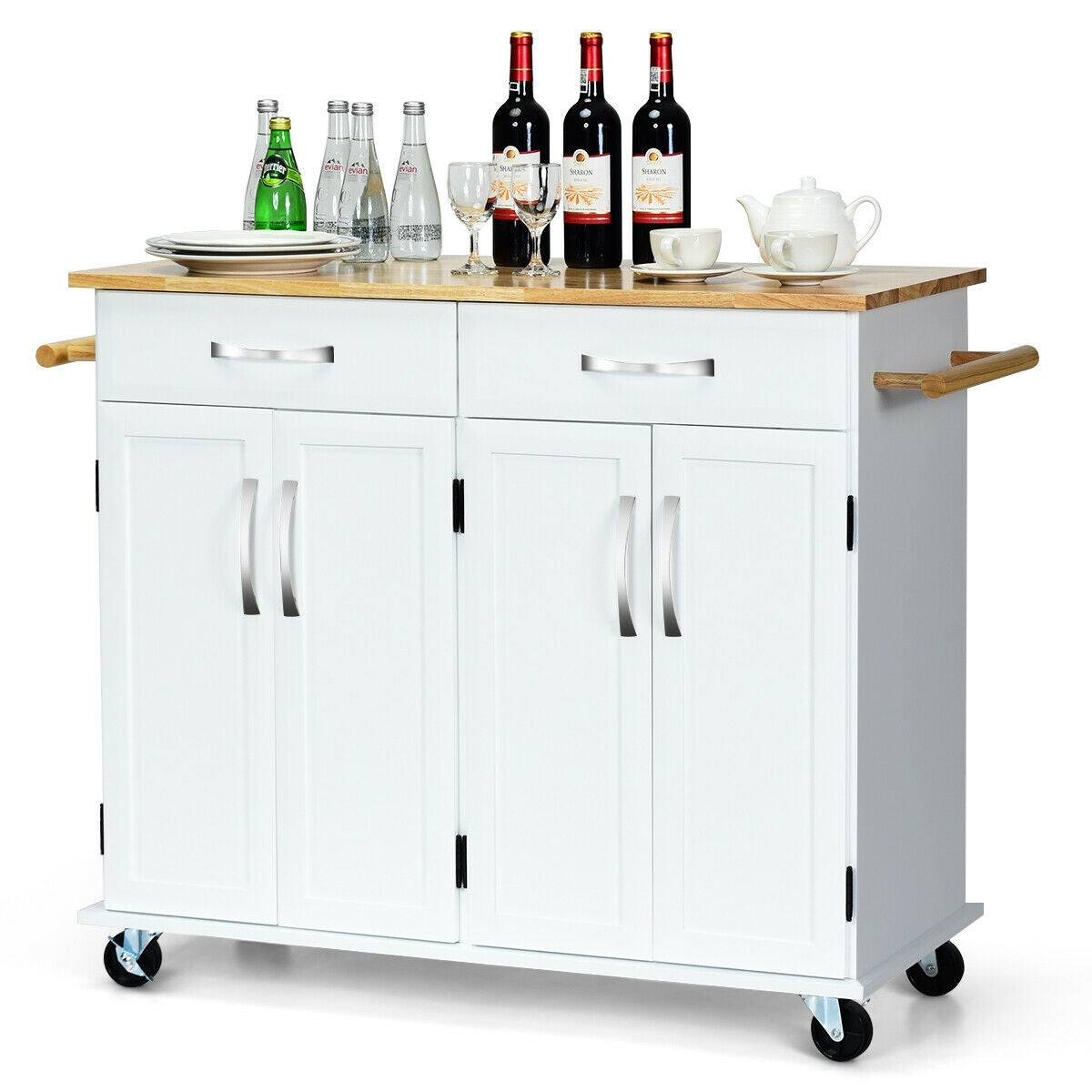 Wood Top Rolling Kitchen Trolley Island Cart Storage Cabinet-WhiteÂ