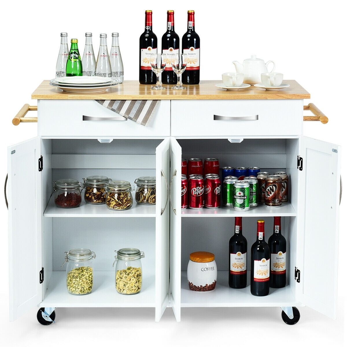 Wood Top Rolling Kitchen Trolley Island Cart Storage Cabinet-WhiteÂ