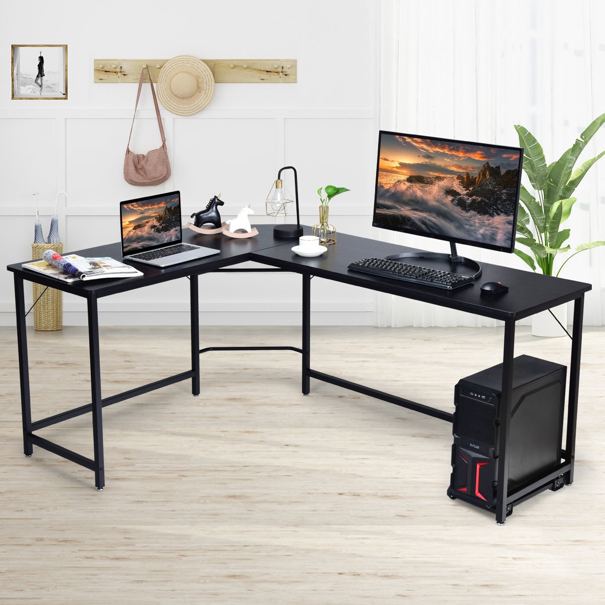 L Shaped Corner Computer Desk Laptop Gaming Table Workstation-BlackÂ
