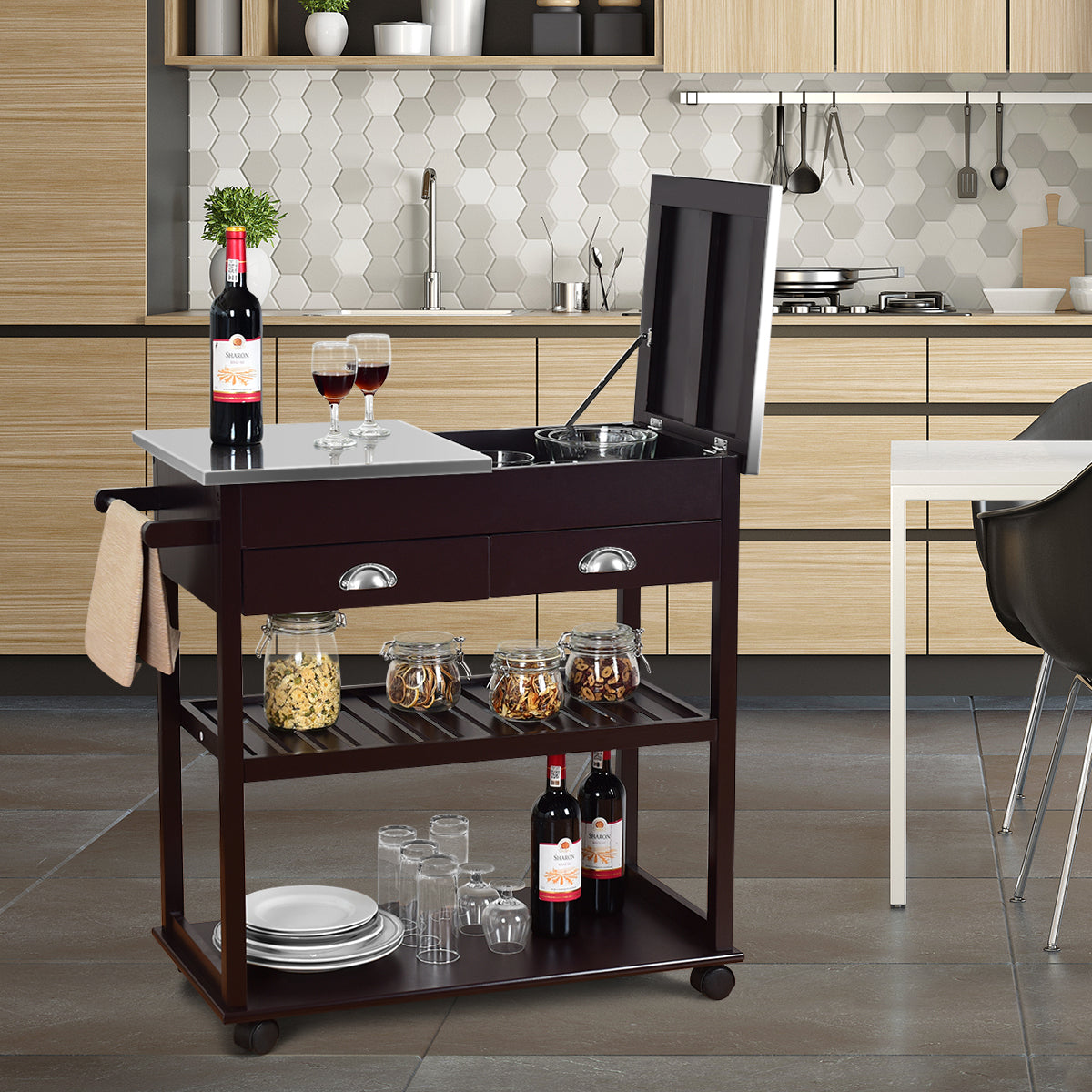 Stainless Steel Mobile Kitchen Trolley Cart With Drawers & Casters-BrownÂ
