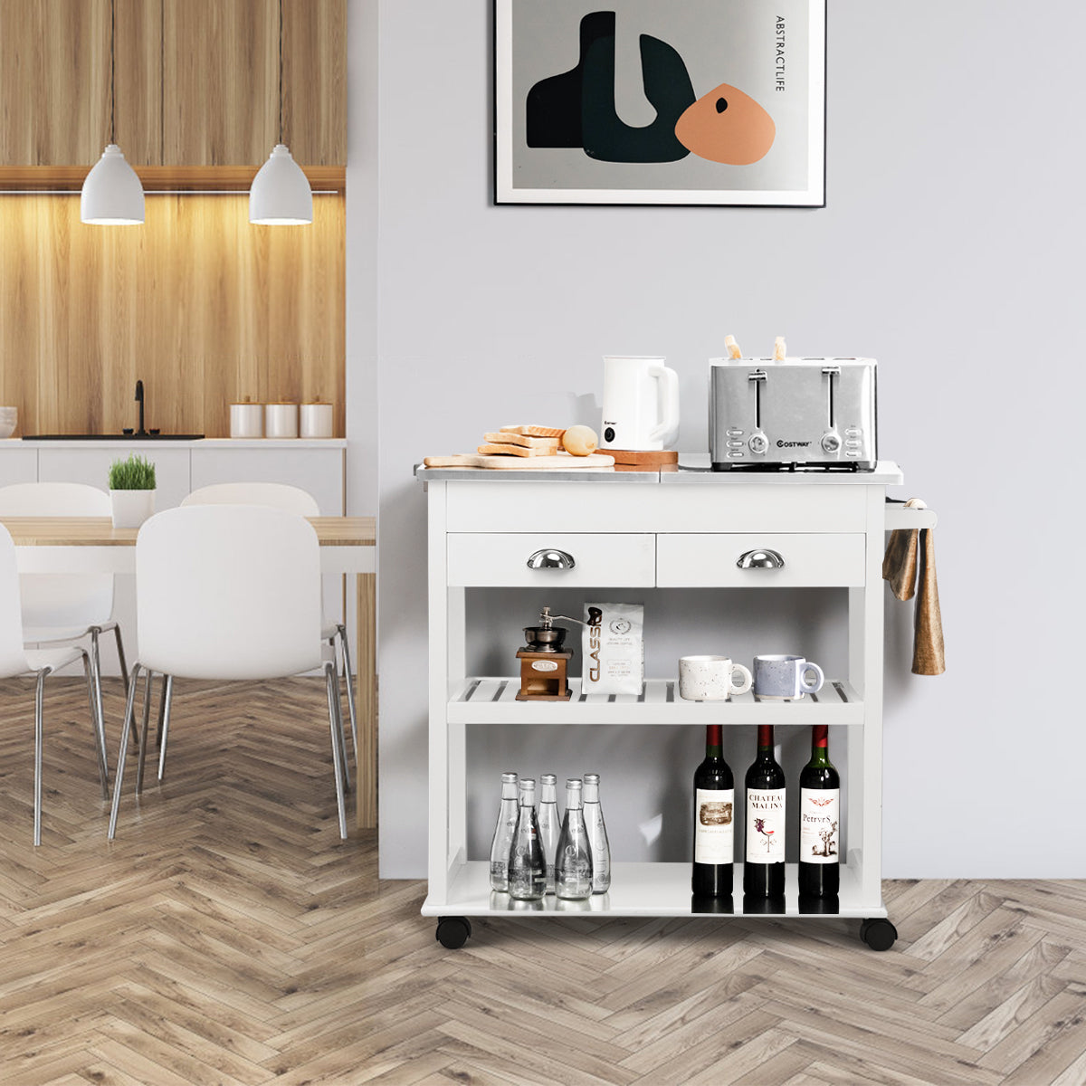 Stainless Steel Mobile Kitchen Trolley Cart With Drawers & Casters-WhiteÂ