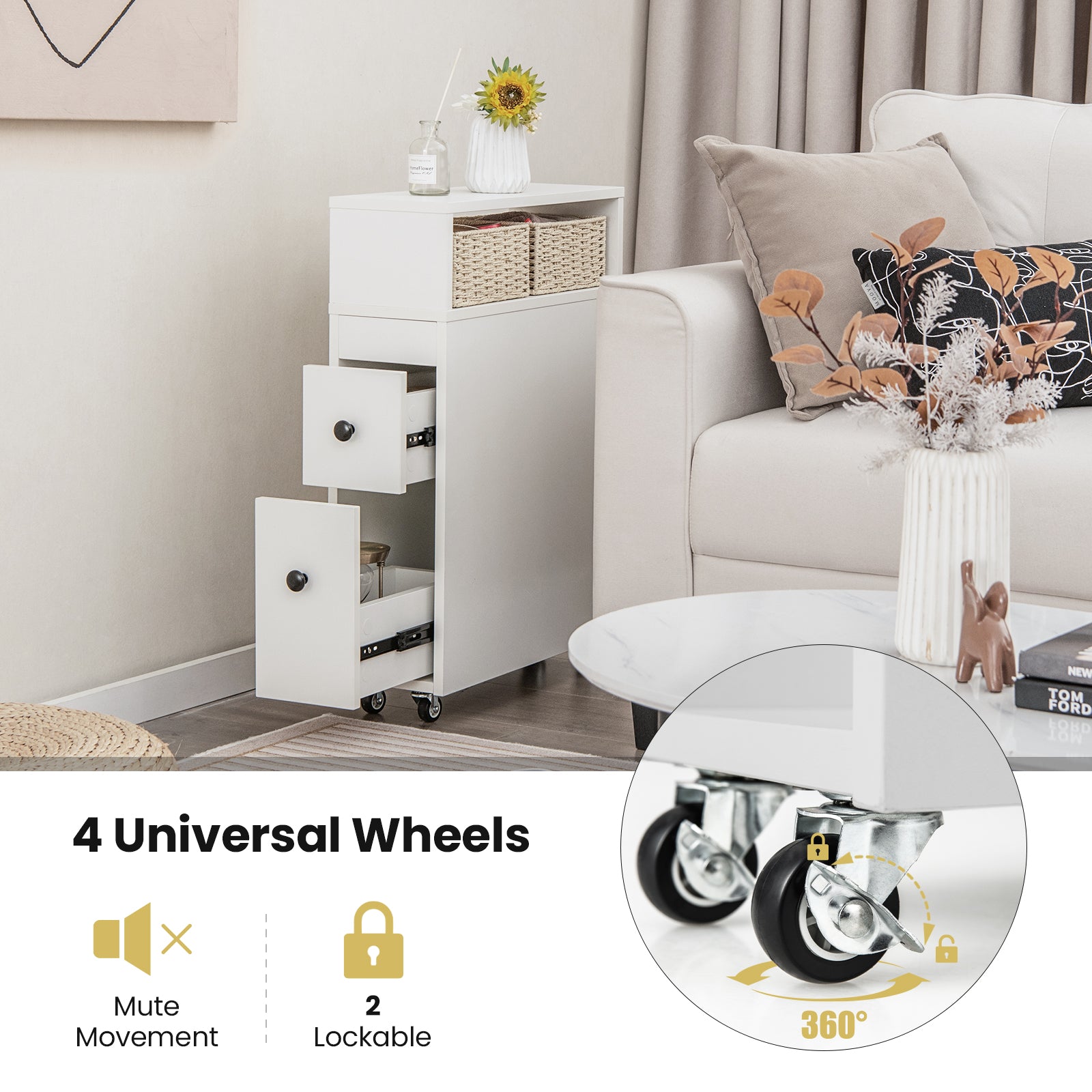 Slim Bathroom Cabinet Wooden Toilet Organizer with Deep Slide Out DrawersÂ