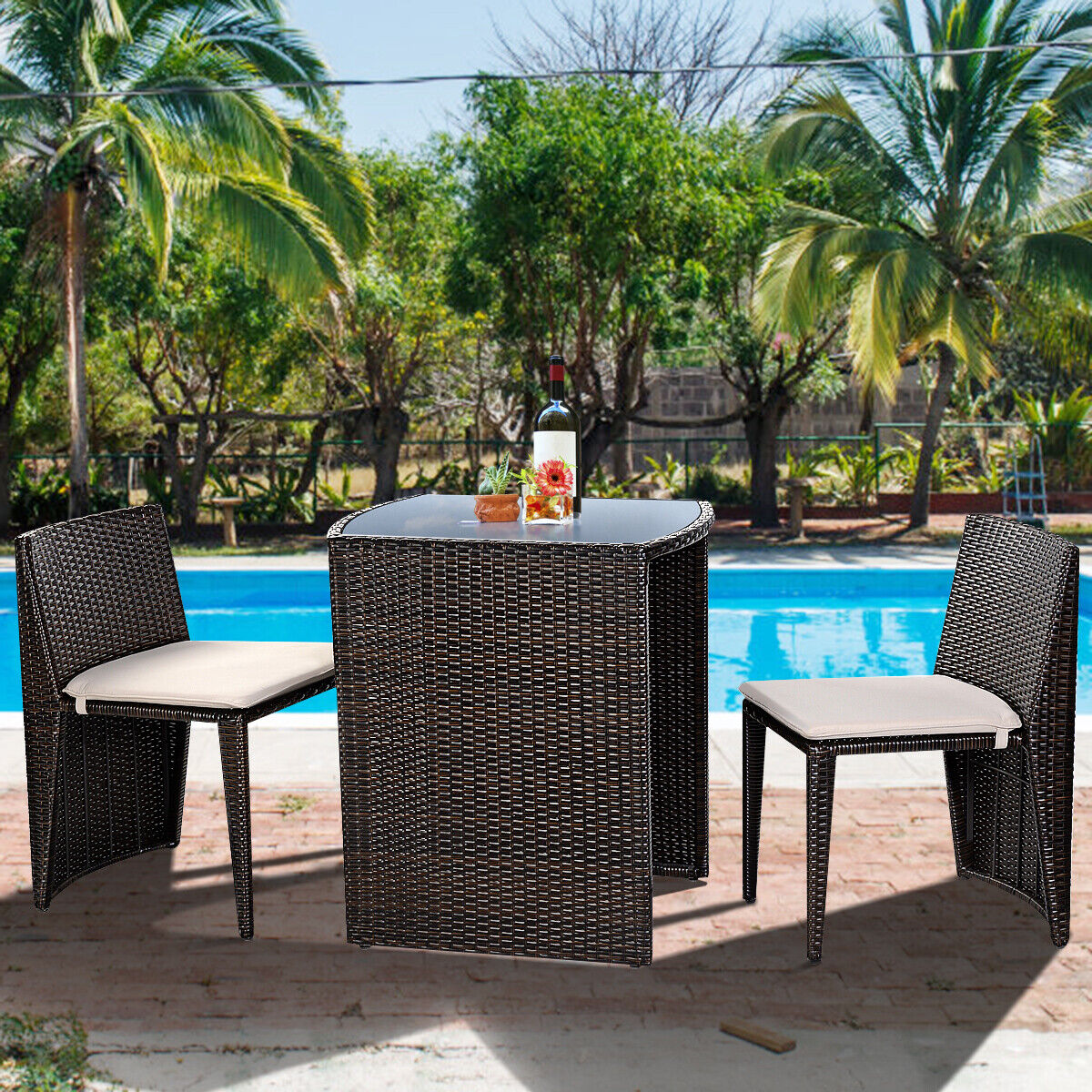 3 Pieces Cushioned Wicker Patio Bistro Set with No Assembly NeededÂ