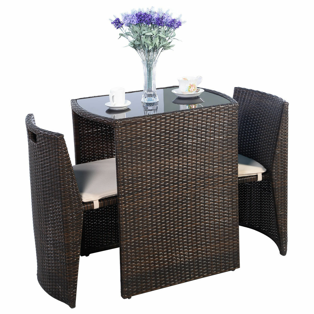 3 Pieces Cushioned Wicker Patio Bistro Set with No Assembly NeededÂ