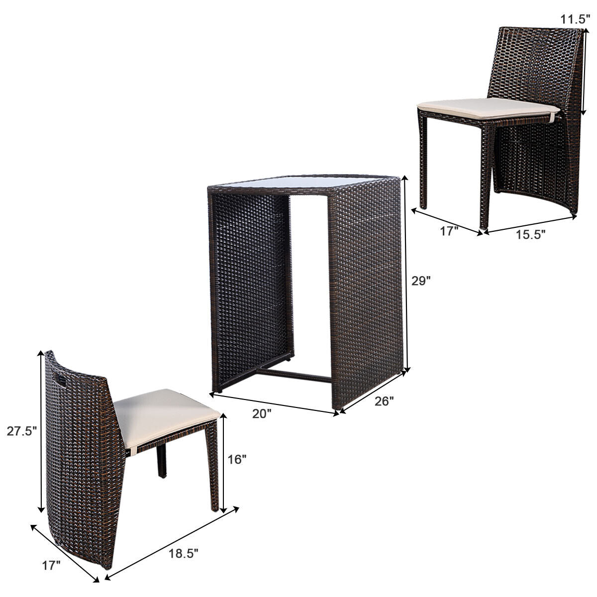 3 Pieces Cushioned Wicker Patio Bistro Set with No Assembly NeededÂ