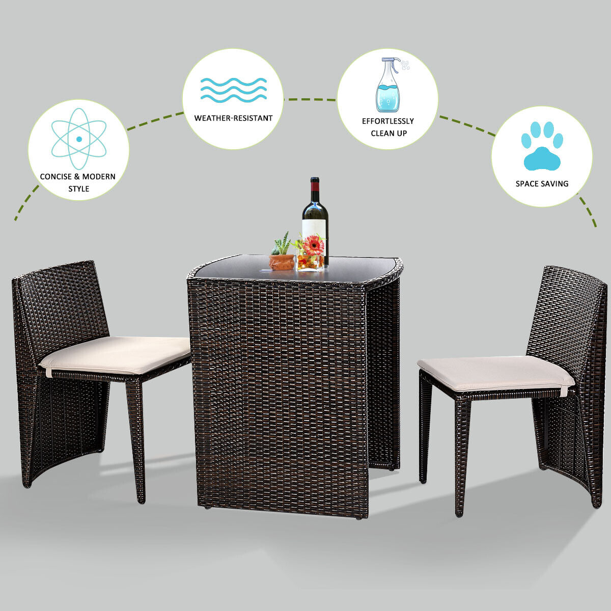 3 Pieces Cushioned Wicker Patio Bistro Set with No Assembly NeededÂ