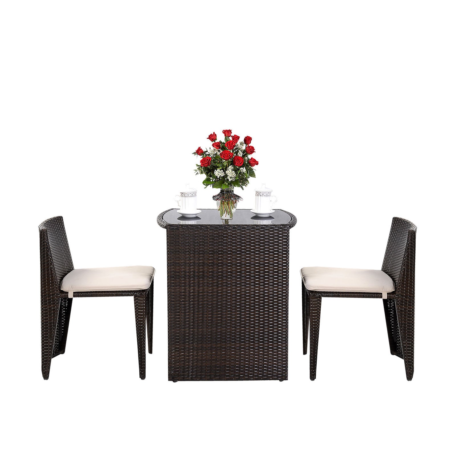 3 Pieces Cushioned Wicker Patio Bistro Set with No Assembly NeededÂ