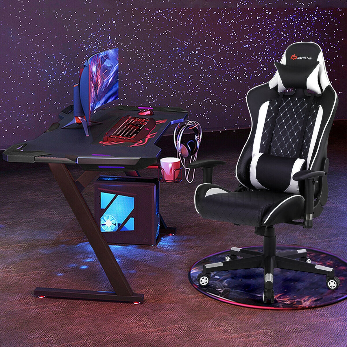 Massage Gaming Chair with Lumbar Support and Headrest-WhiteÂ