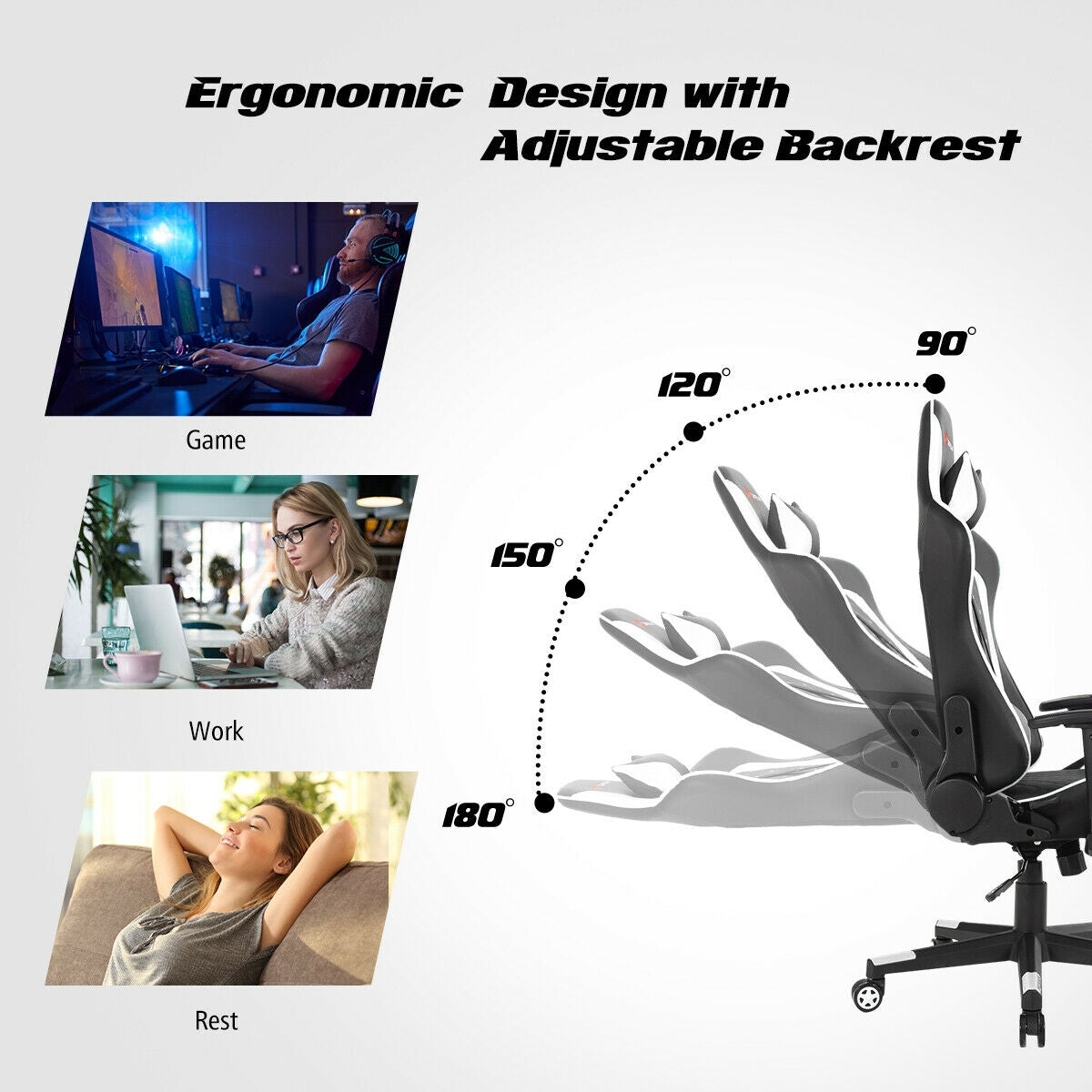 Massage Gaming Chair with Lumbar Support and Headrest-WhiteÂ