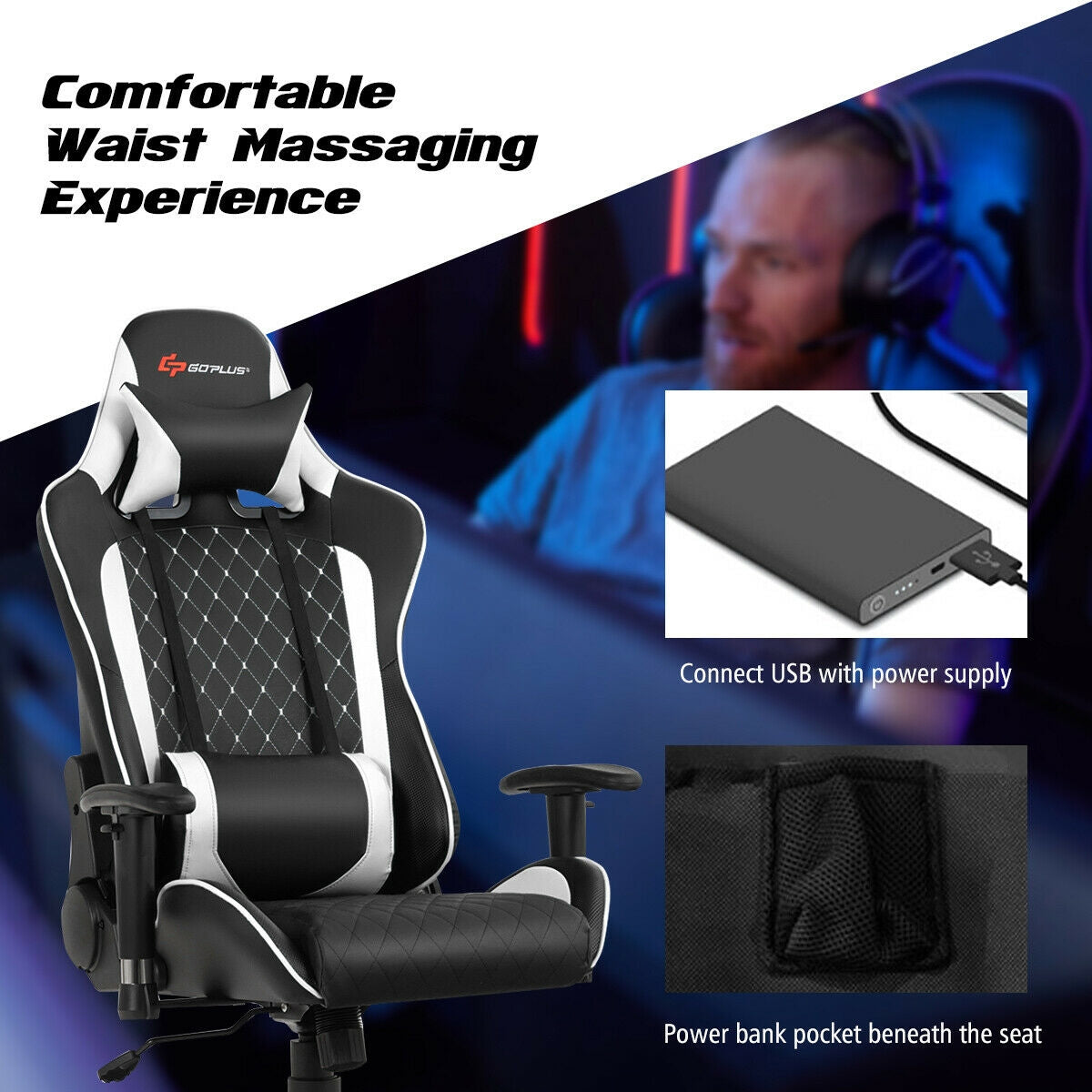 Massage Gaming Chair with Lumbar Support and Headrest-WhiteÂ