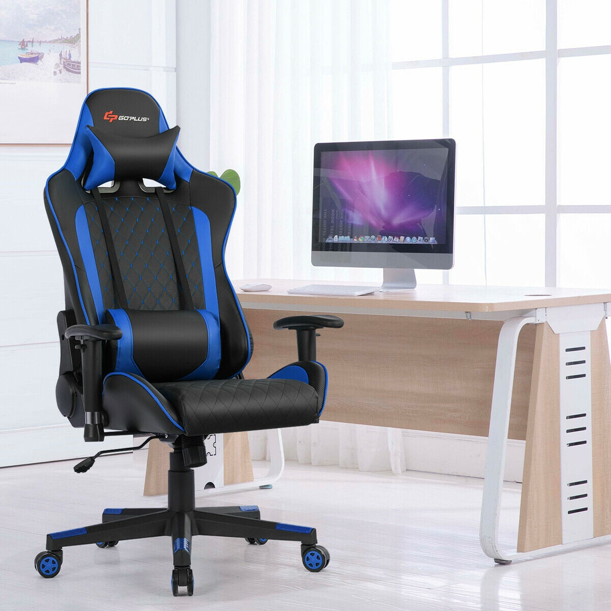 Massage Gaming Chair with Lumbar Support and Headrest-BlueÂ
