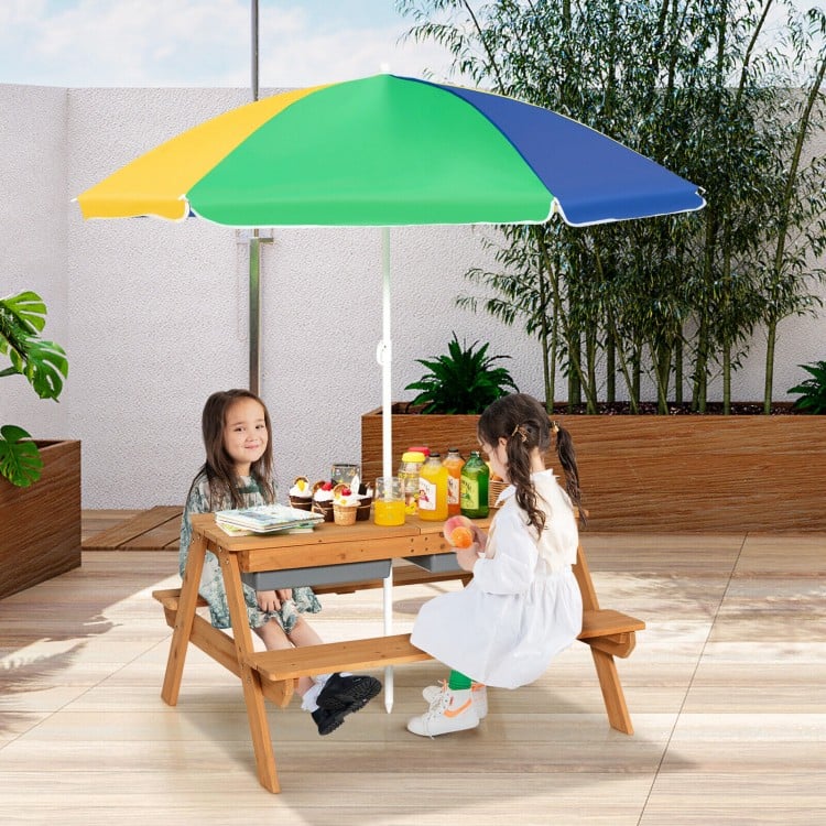 Kids 3-in-1 Outdoor Picnic Water Sand Table with Umbrella Play Boxes