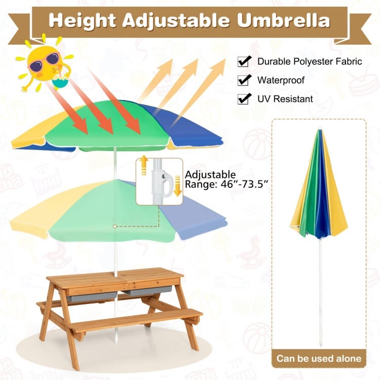 Kids 3-in-1 Outdoor Picnic Water Sand Table with Umbrella Play Boxes