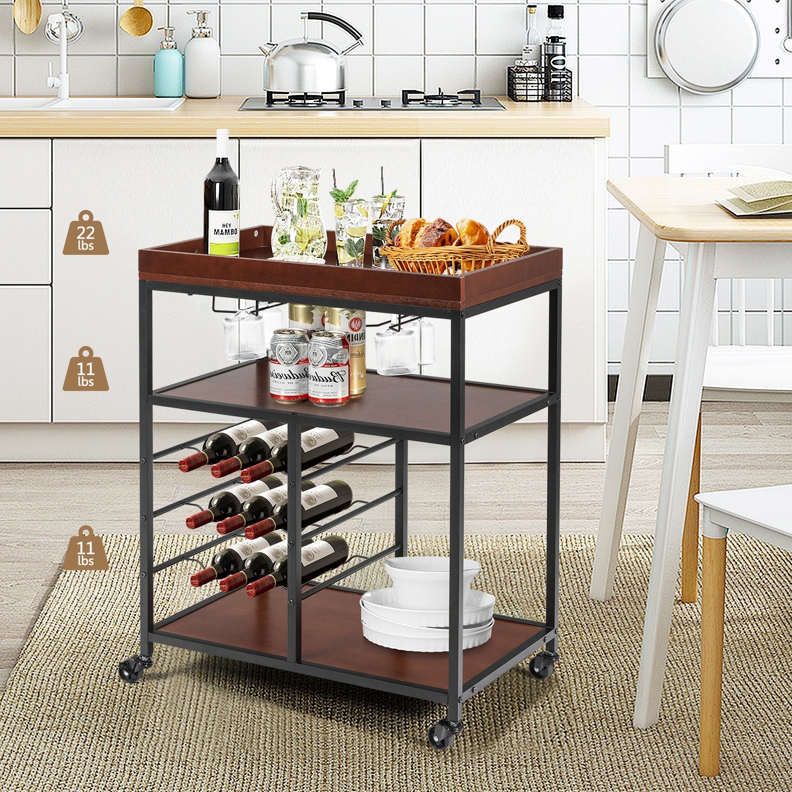 3 Tiers Storage Bar Serving Cart with Wine RackÂ
