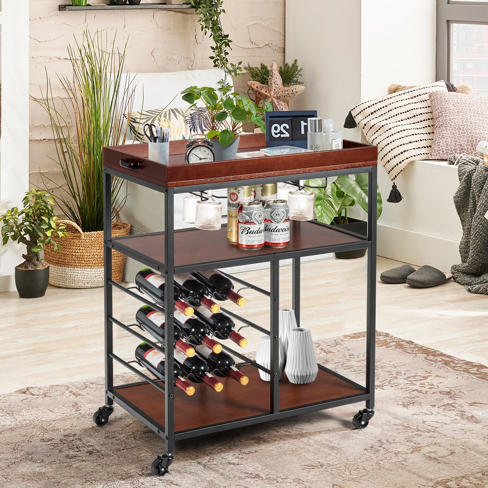 3 Tiers Storage Bar Serving Cart with Wine RackÂ