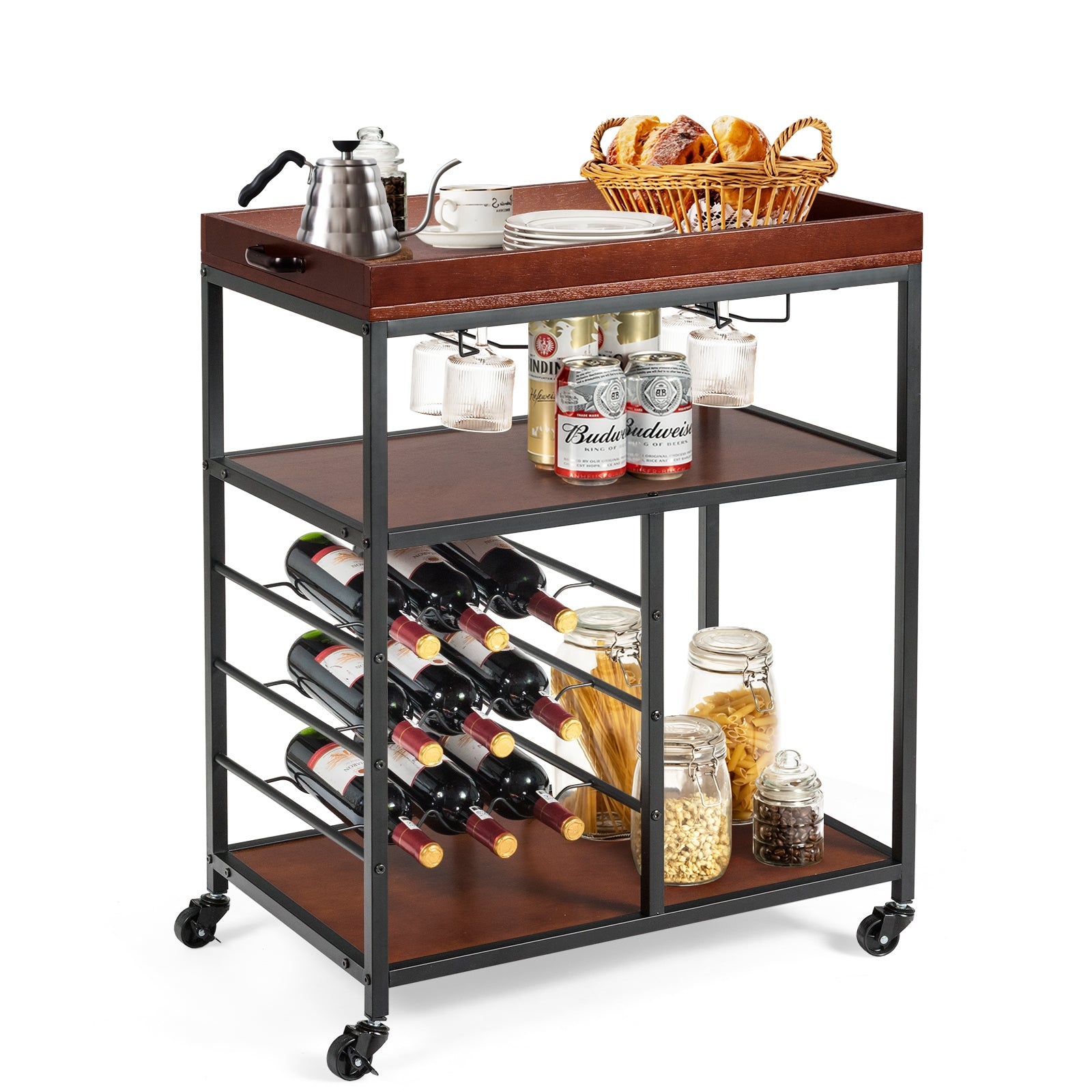 3 Tiers Storage Bar Serving Cart with Wine RackÂ