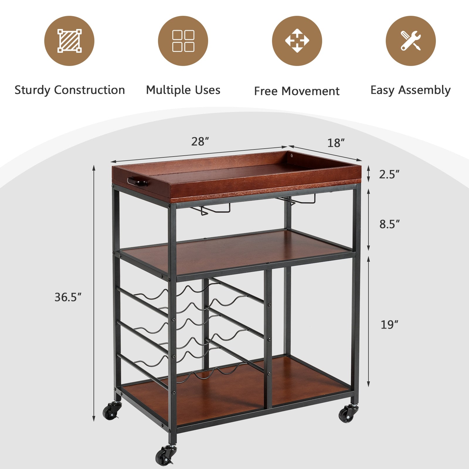 3 Tiers Storage Bar Serving Cart with Wine RackÂ