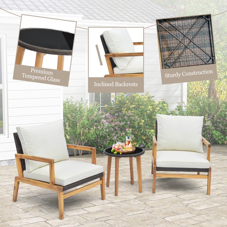 3 Pieces Patio Furniture Set with Cushioned Chairs and Tempered Glass Side Table-Brown