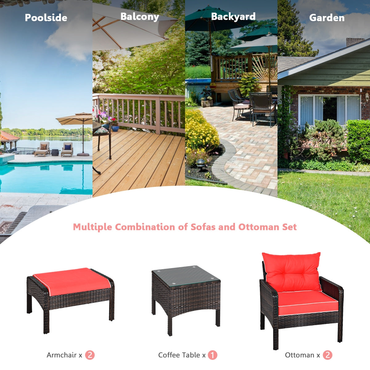 5 Pcs Patio Rattan Sofa Ottoman Furniture Set with Cushions-RedÂ