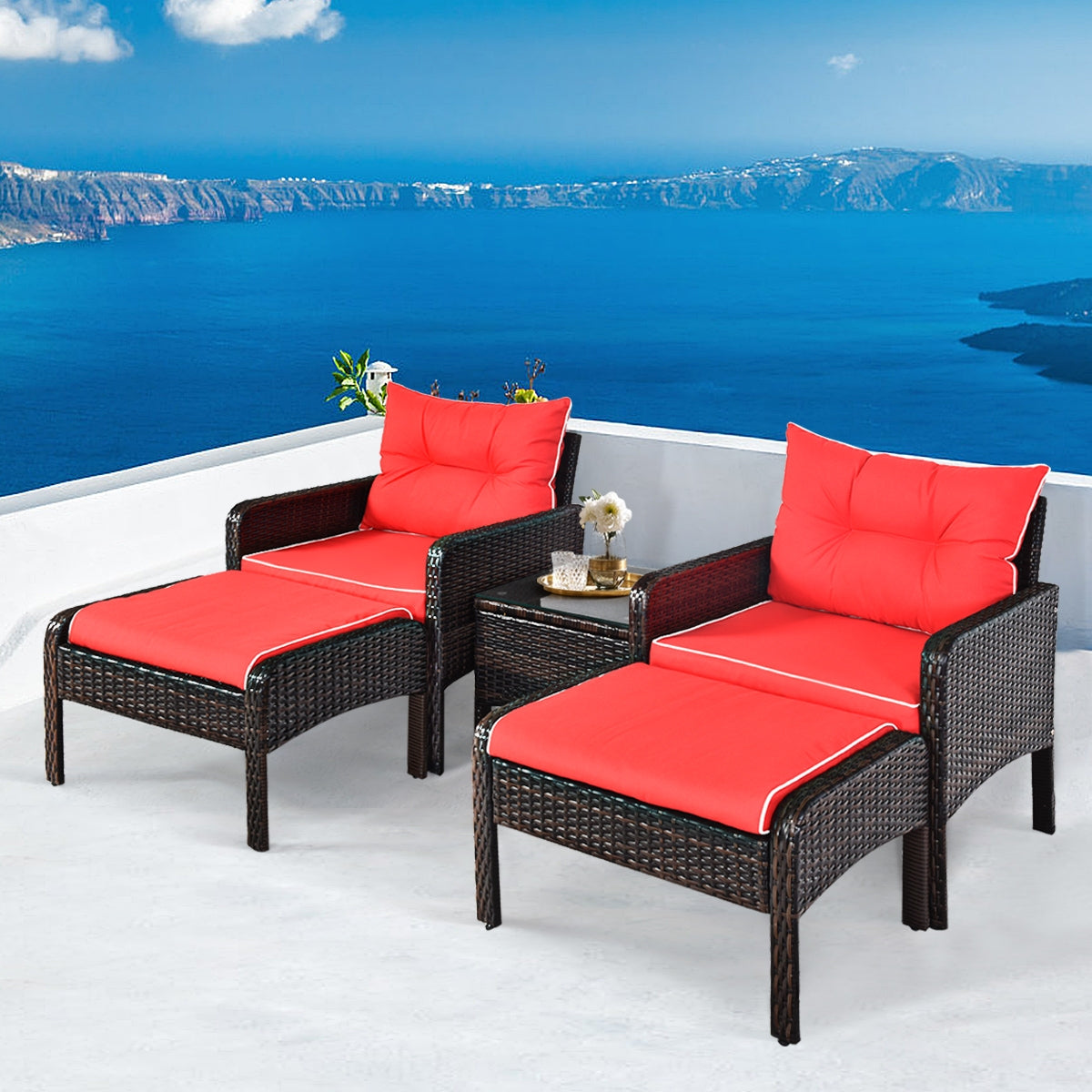 5 Pcs Patio Rattan Sofa Ottoman Furniture Set with Cushions-RedÂ