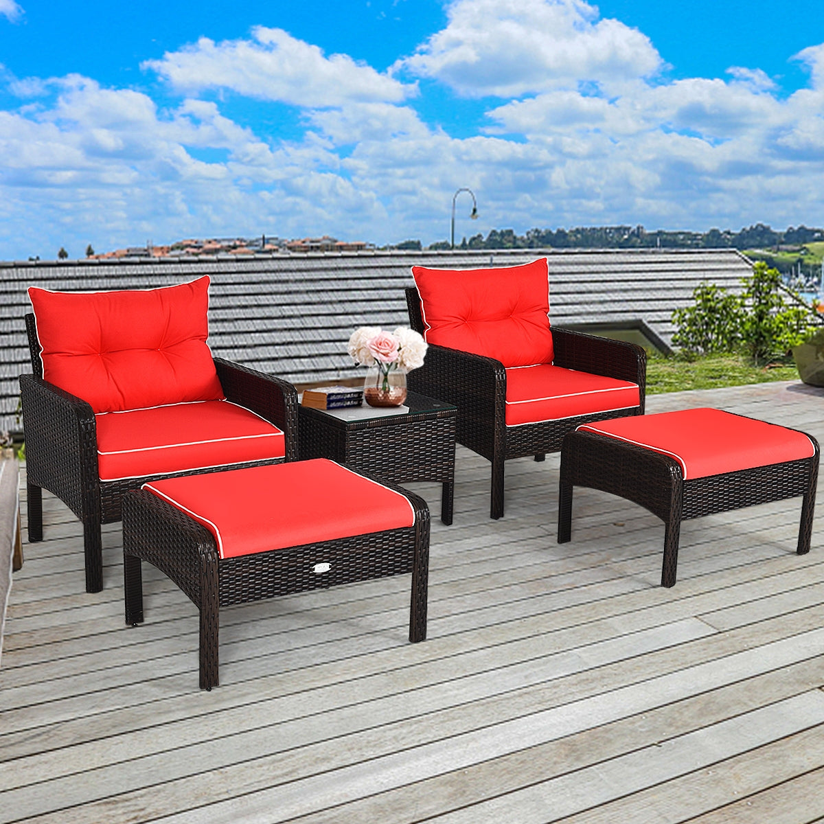 5 Pcs Patio Rattan Sofa Ottoman Furniture Set with Cushions-RedÂ