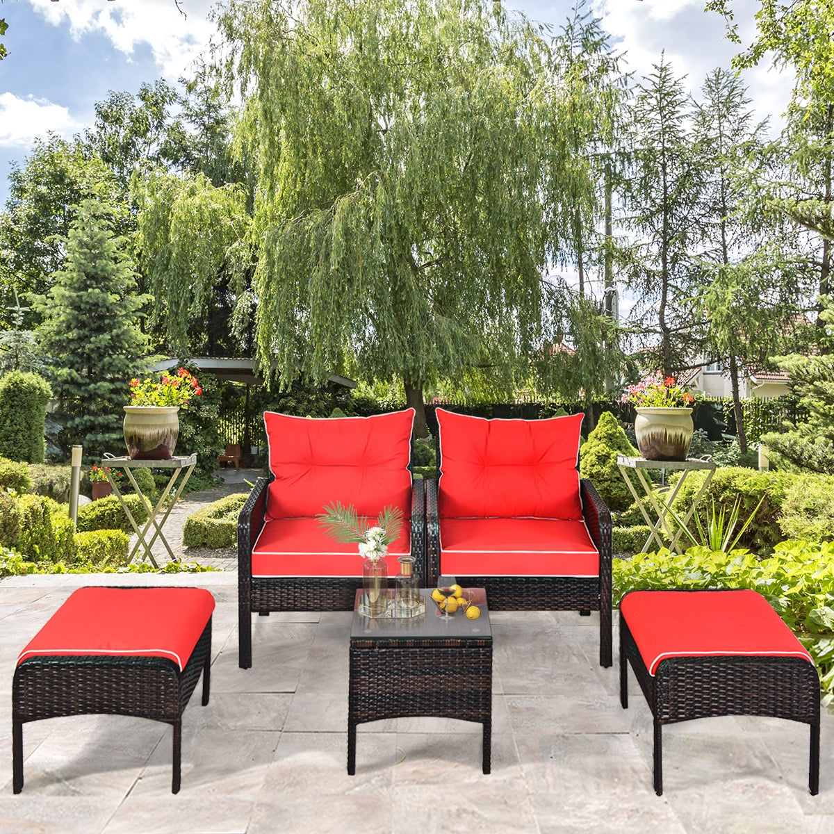 5 Pcs Patio Rattan Sofa Ottoman Furniture Set with Cushions-RedÂ
