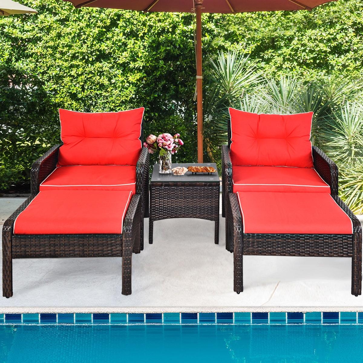 5 Pcs Patio Rattan Sofa Ottoman Furniture Set with Cushions-RedÂ