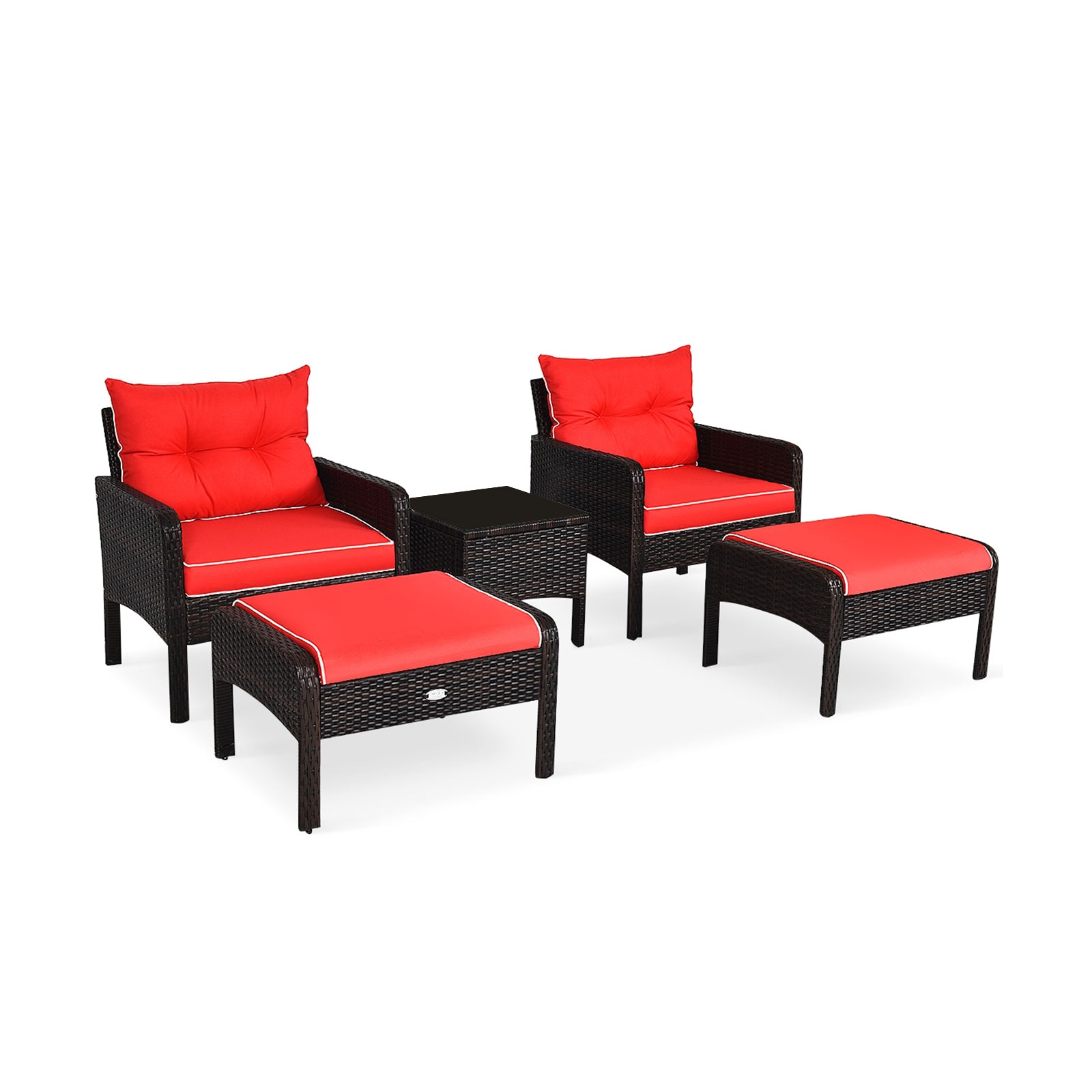 5 Pcs Patio Rattan Sofa Ottoman Furniture Set with Cushions-RedÂ