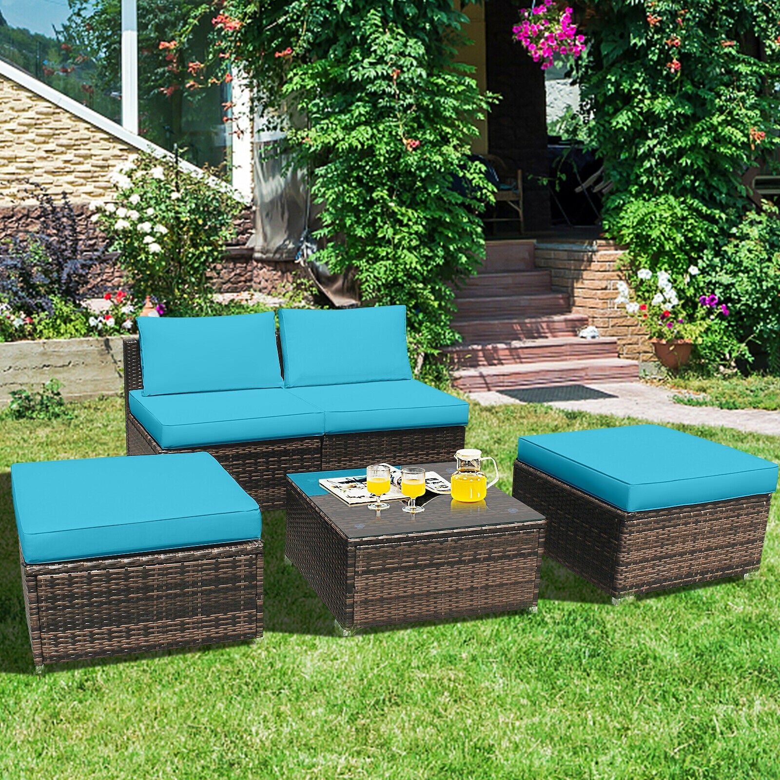 5 Pieces Patio Rattan Furniture Set with Cushioned Armless Sofa-TurquoiseÂ