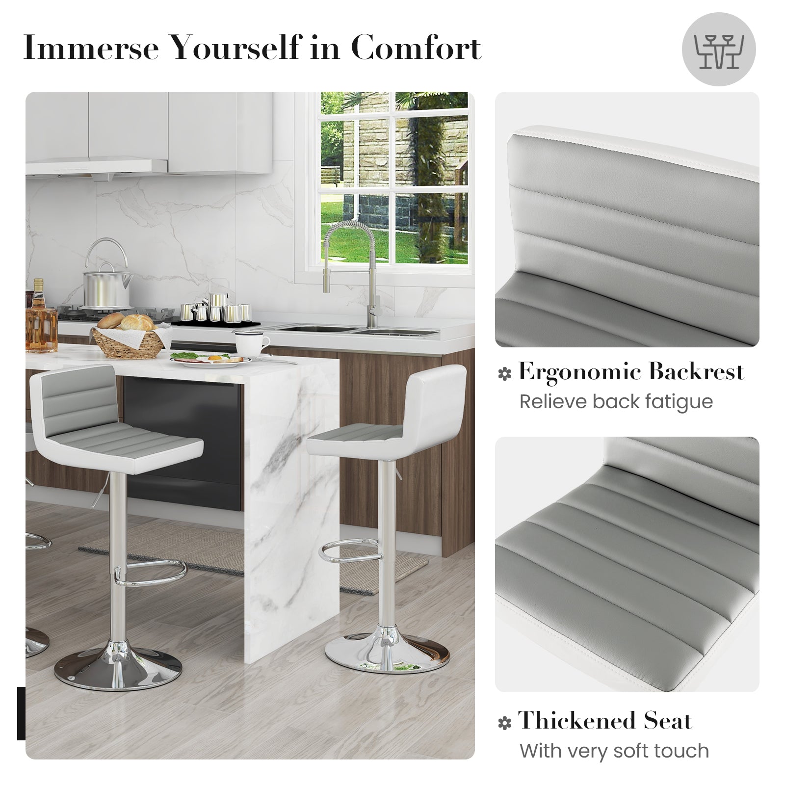 Set of 2 Adjustable Heights Barstool with PU LeatherÂ