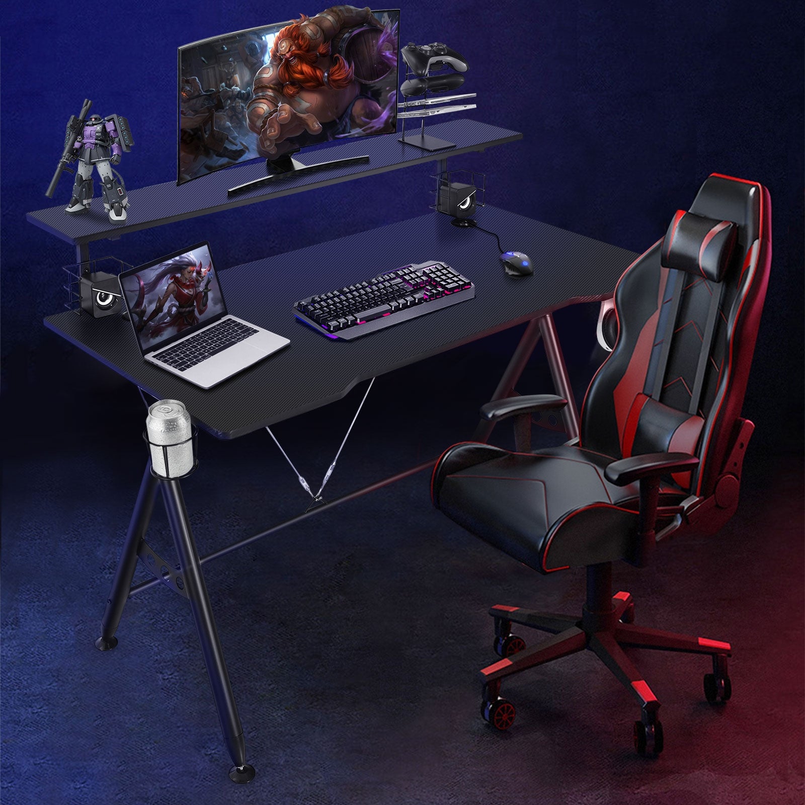E-Sports Gaming Desk with Monitor Shelf and Cup HolderÂ