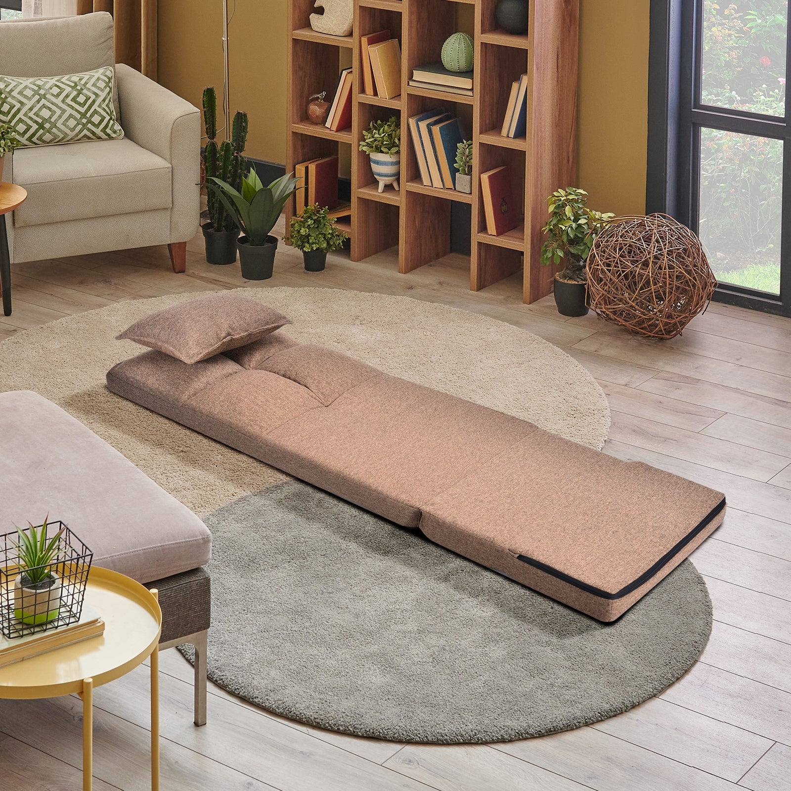 Fold Down Flip Convertible Sleeper Couch with Pillow-BrownÂ