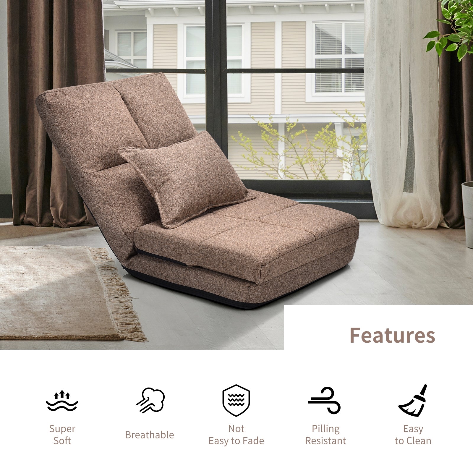 Fold Down Flip Convertible Sleeper Couch with Pillow-BrownÂ