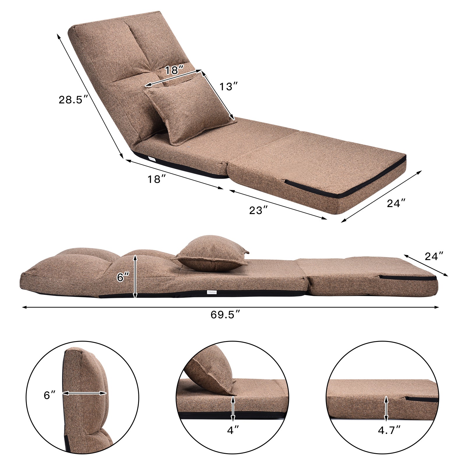 Fold Down Flip Convertible Sleeper Couch with Pillow-BrownÂ