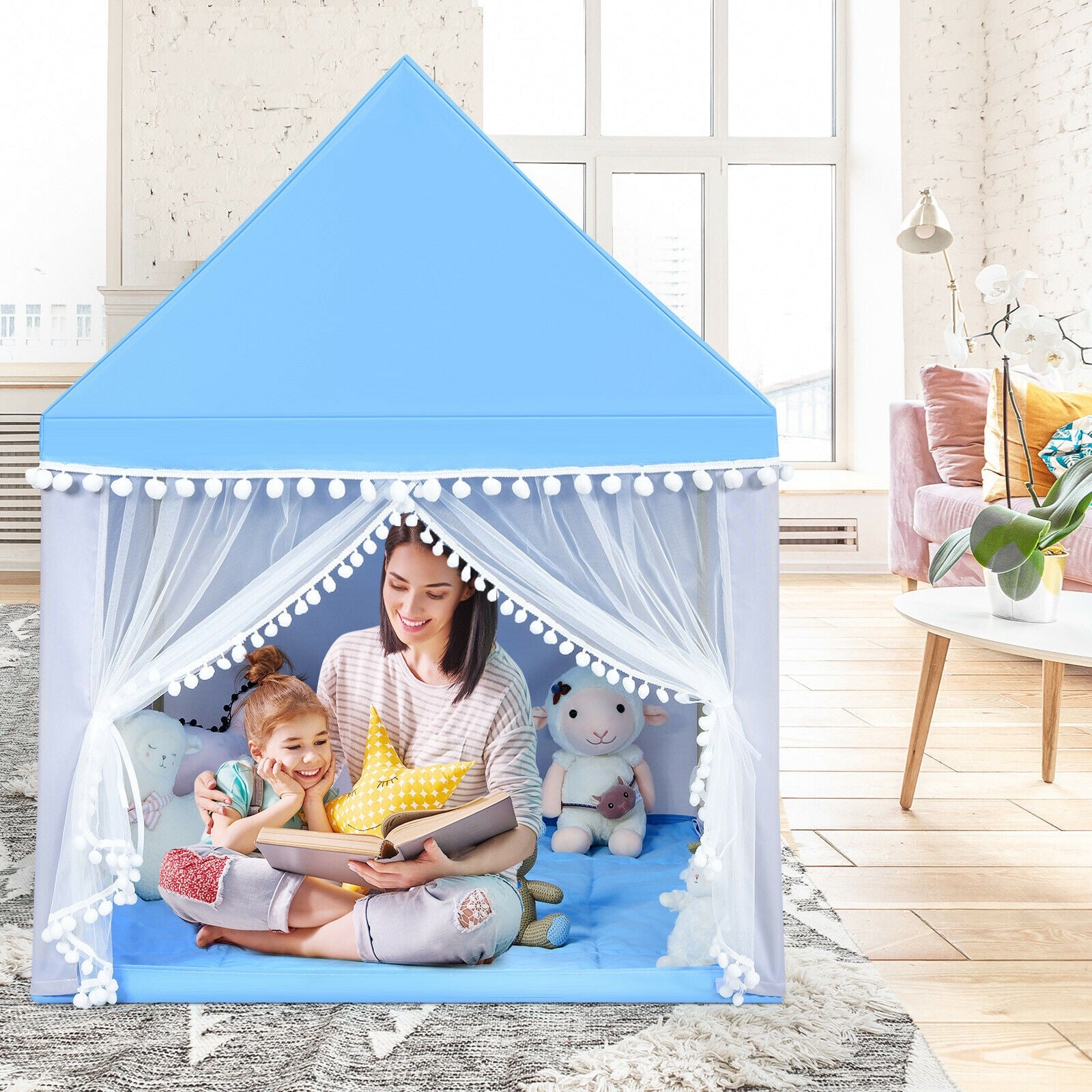 Kids Play Tent Large Playhouse Children Play Castle Fairy Tent Gift with Mat-BlueÂ