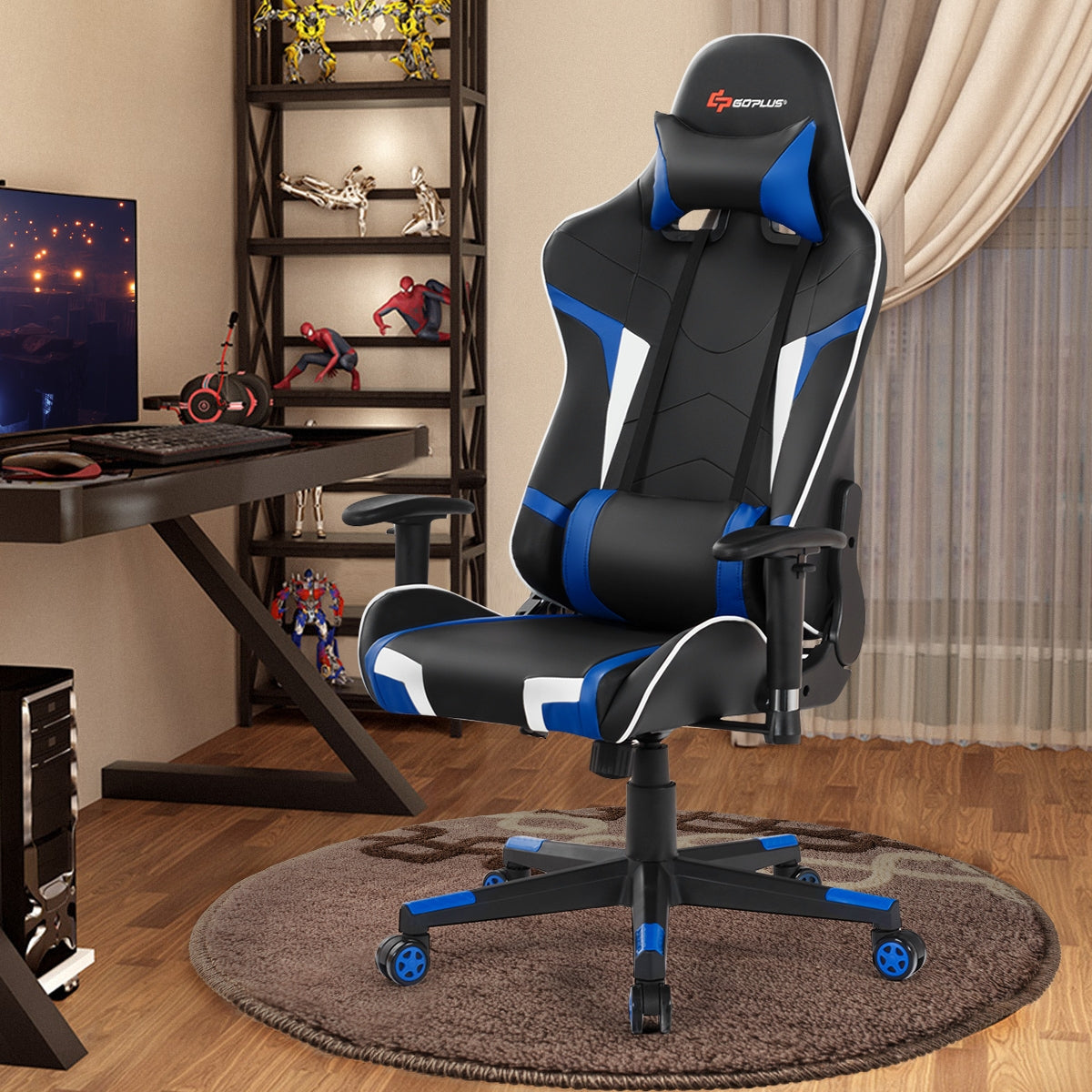 Reclining Swivel Massage Gaming Chair with Lumbar Support-BlueÂ