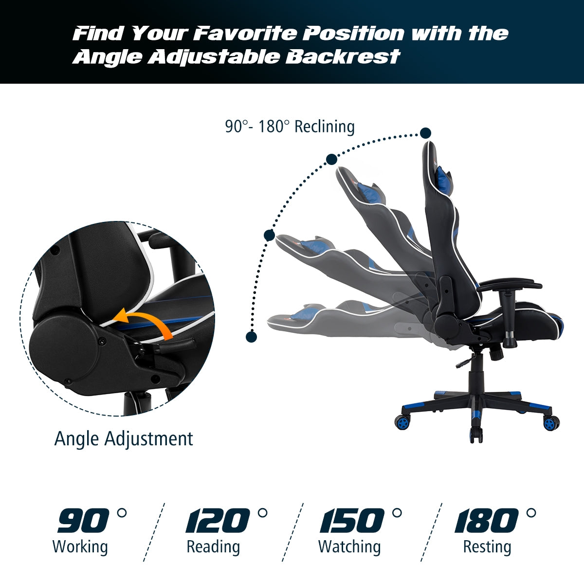 Reclining Swivel Massage Gaming Chair with Lumbar Support-BlueÂ