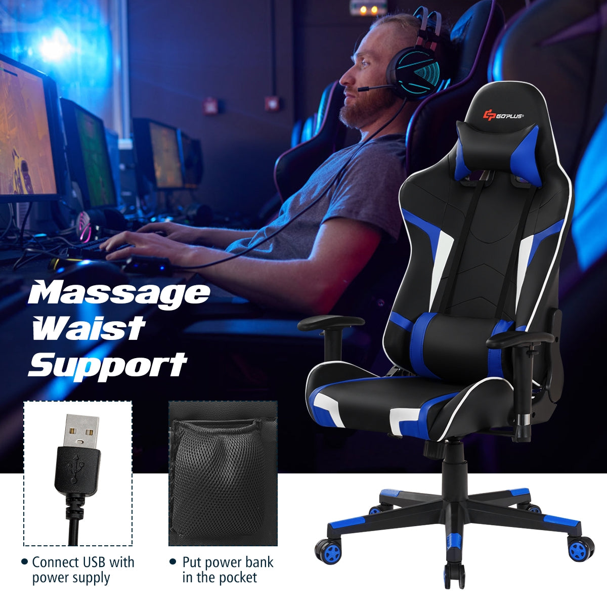 Reclining Swivel Massage Gaming Chair with Lumbar Support-BlueÂ