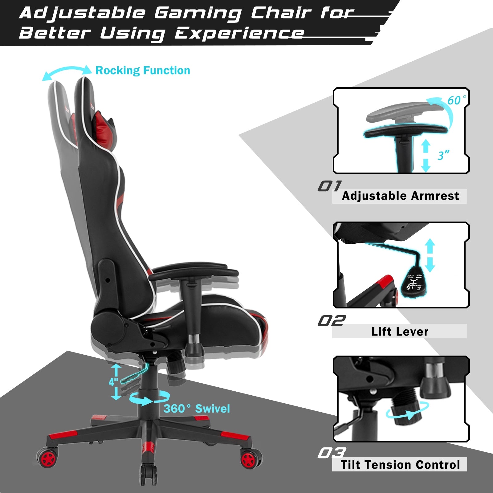 Reclining Swivel Massage Gaming Chair with Lumbar Support-RedÂ