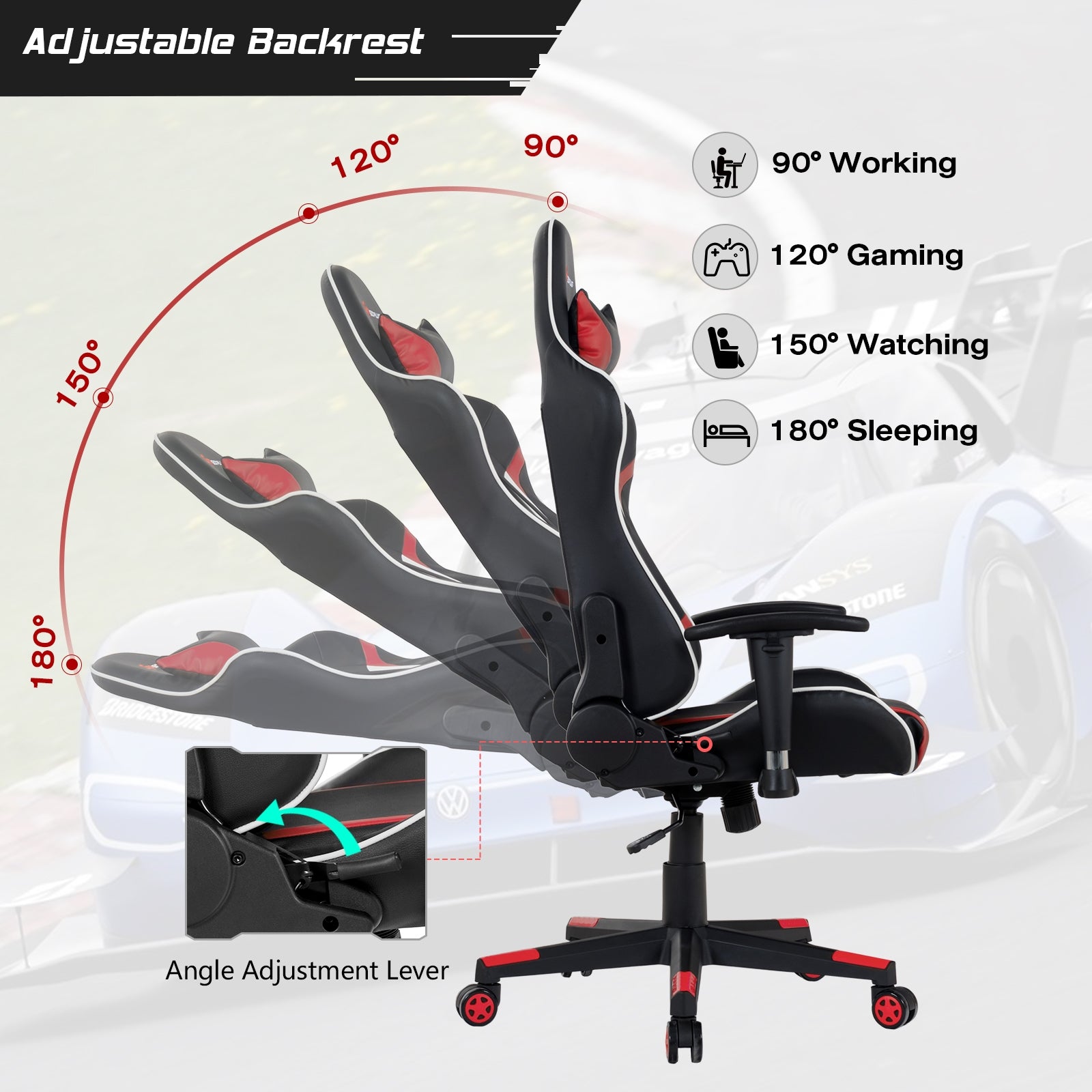 Reclining Swivel Massage Gaming Chair with Lumbar Support-RedÂ