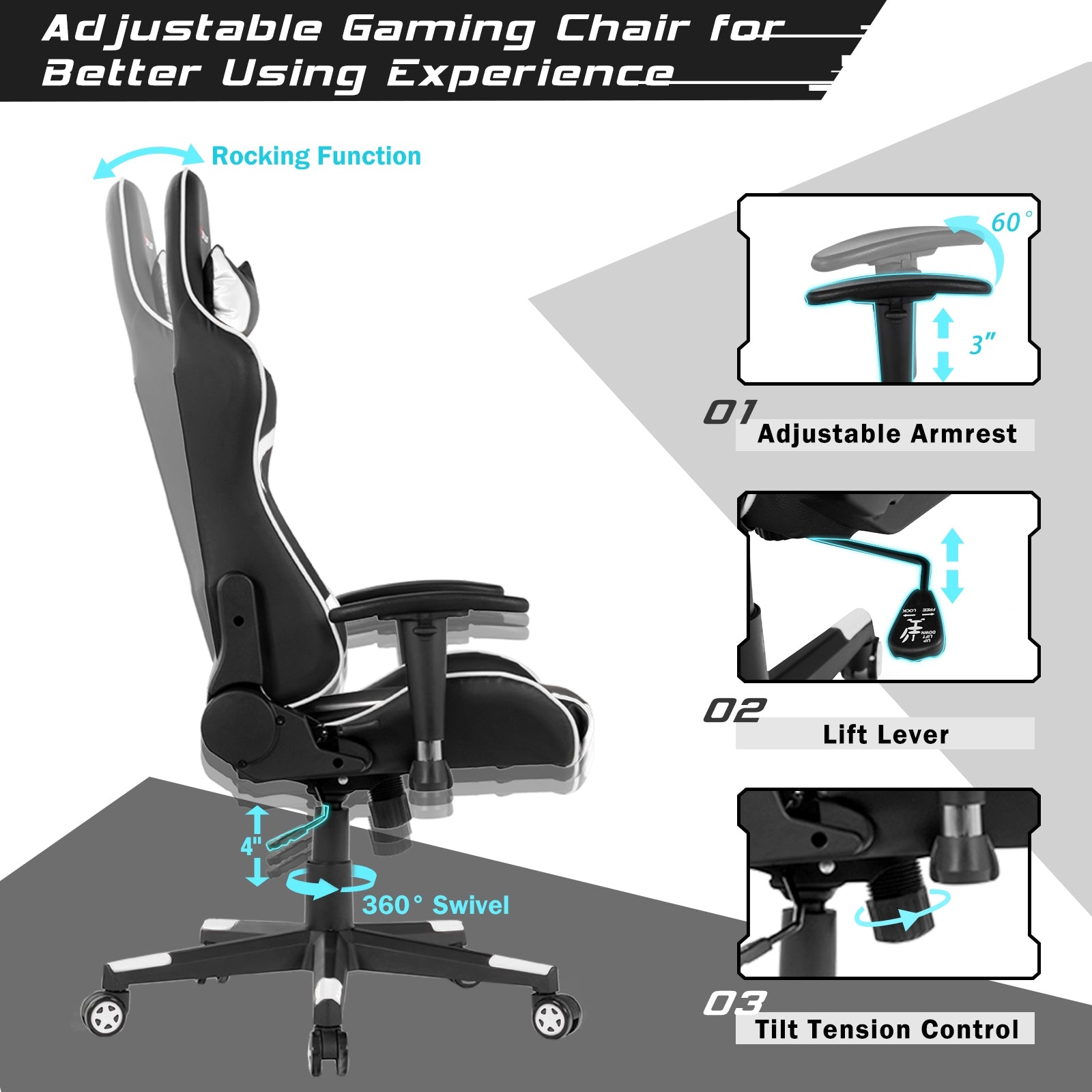Reclining Swivel Massage Gaming Chair with Lumbar Support-WhiteÂ