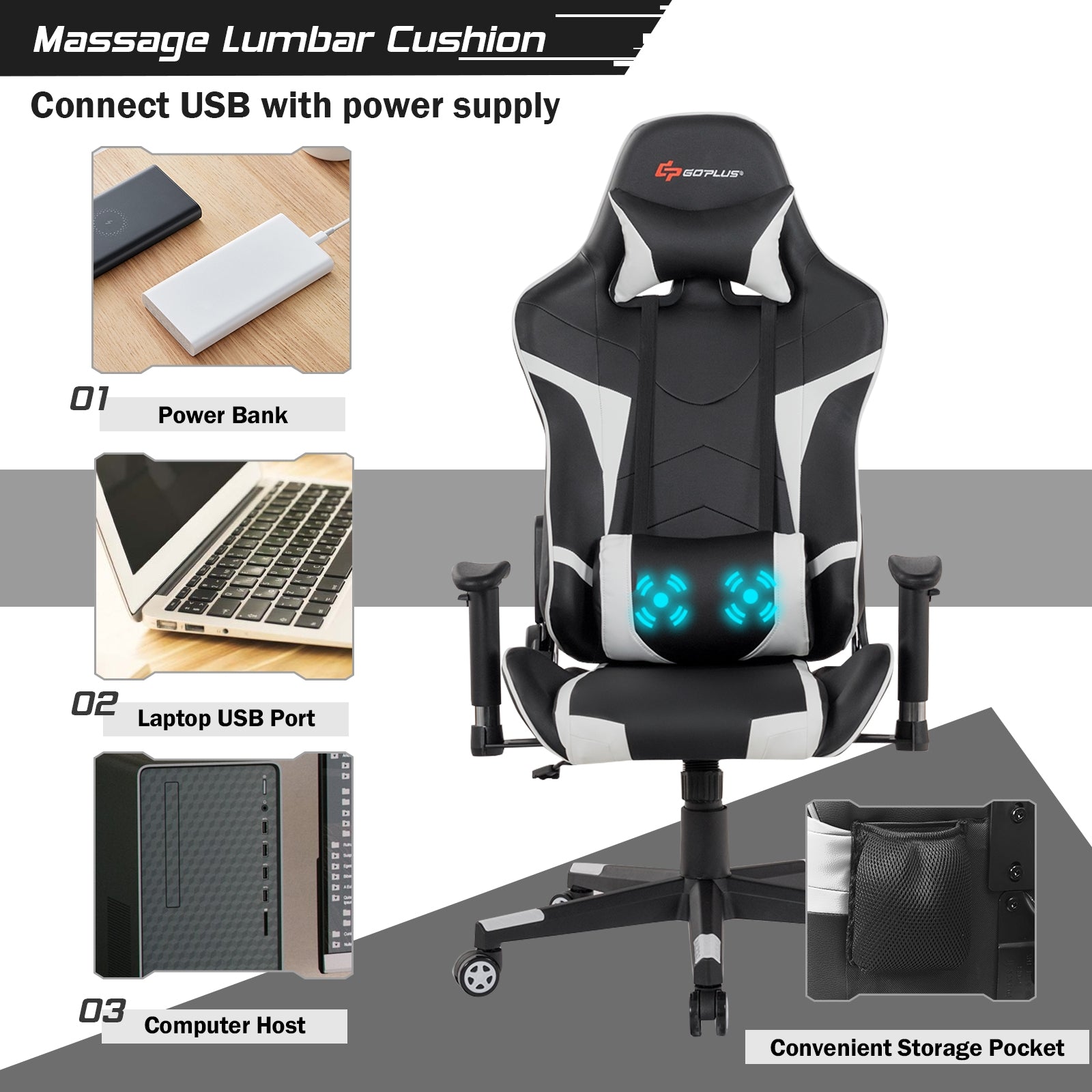 Reclining Swivel Massage Gaming Chair with Lumbar Support-WhiteÂ