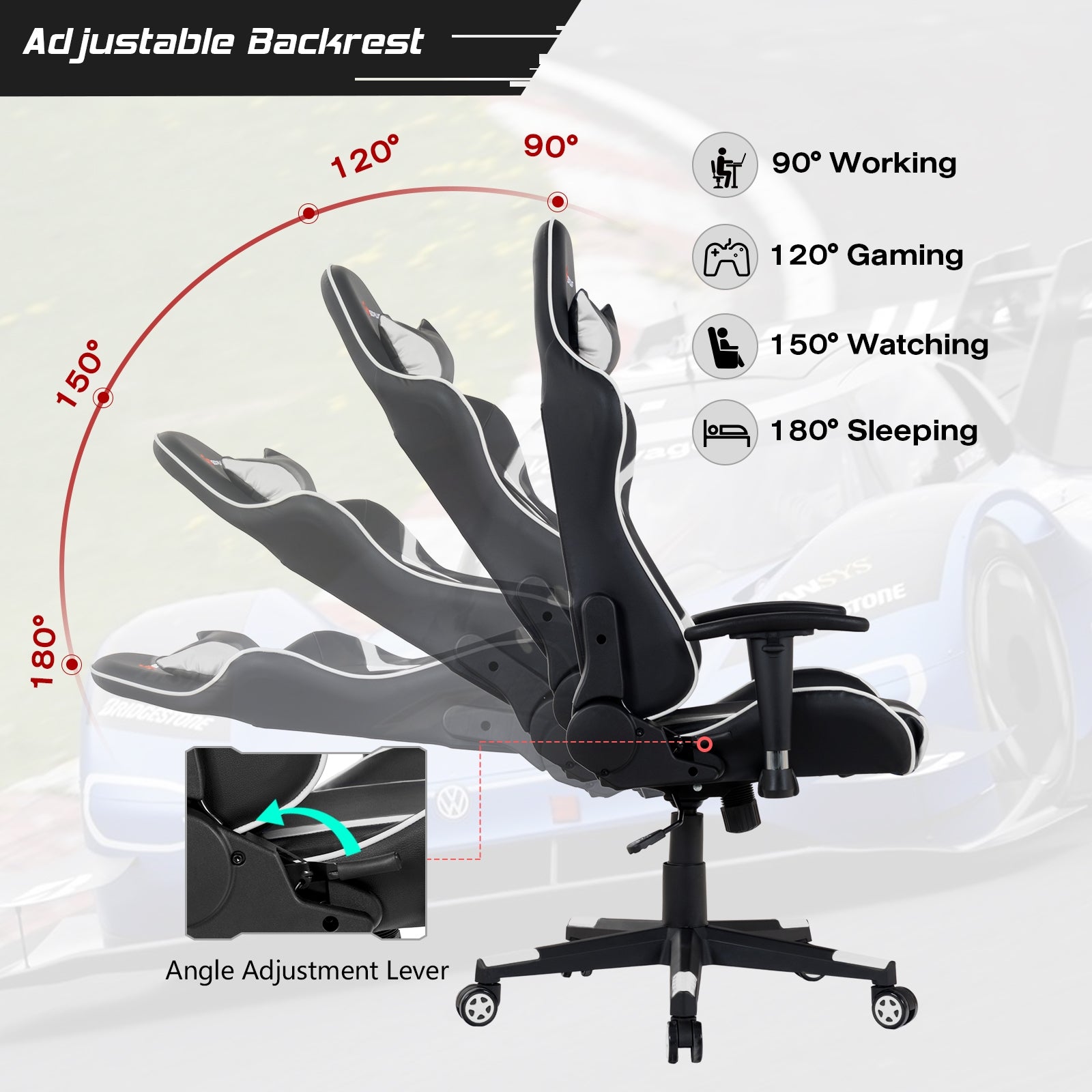 Reclining Swivel Massage Gaming Chair with Lumbar Support-WhiteÂ