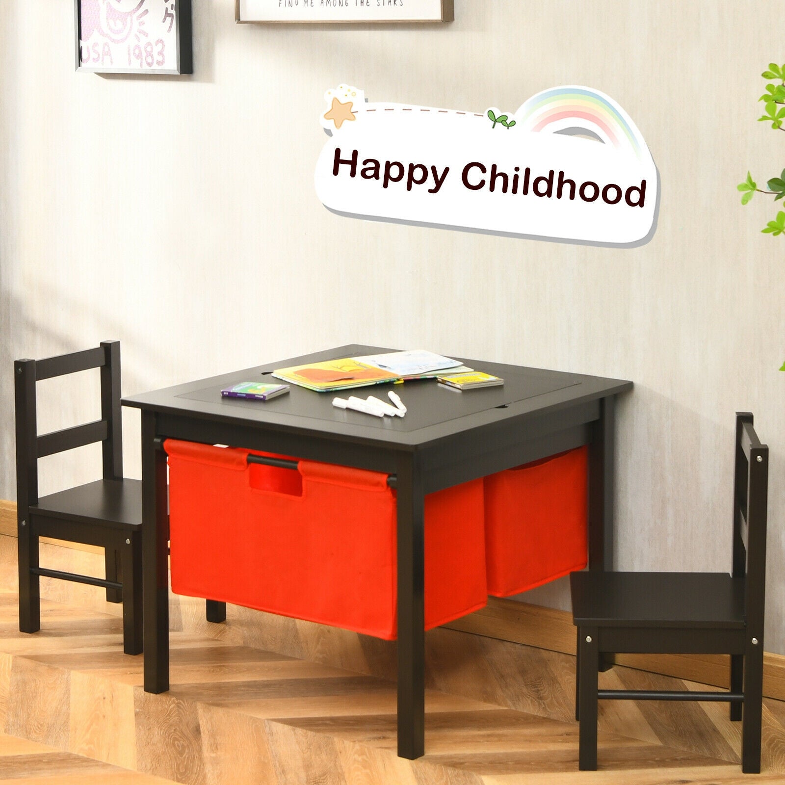 2-in-1 Kids Activity Table and 2 Chairs Set with Storage Building Block Table-Dark Brown