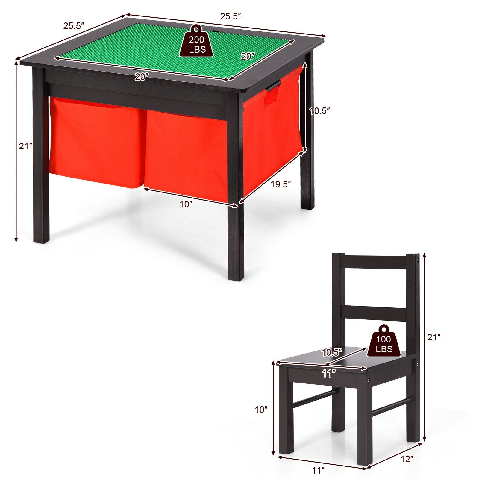 2-in-1 Kids Activity Table and 2 Chairs Set with Storage Building Block Table-Dark Brown