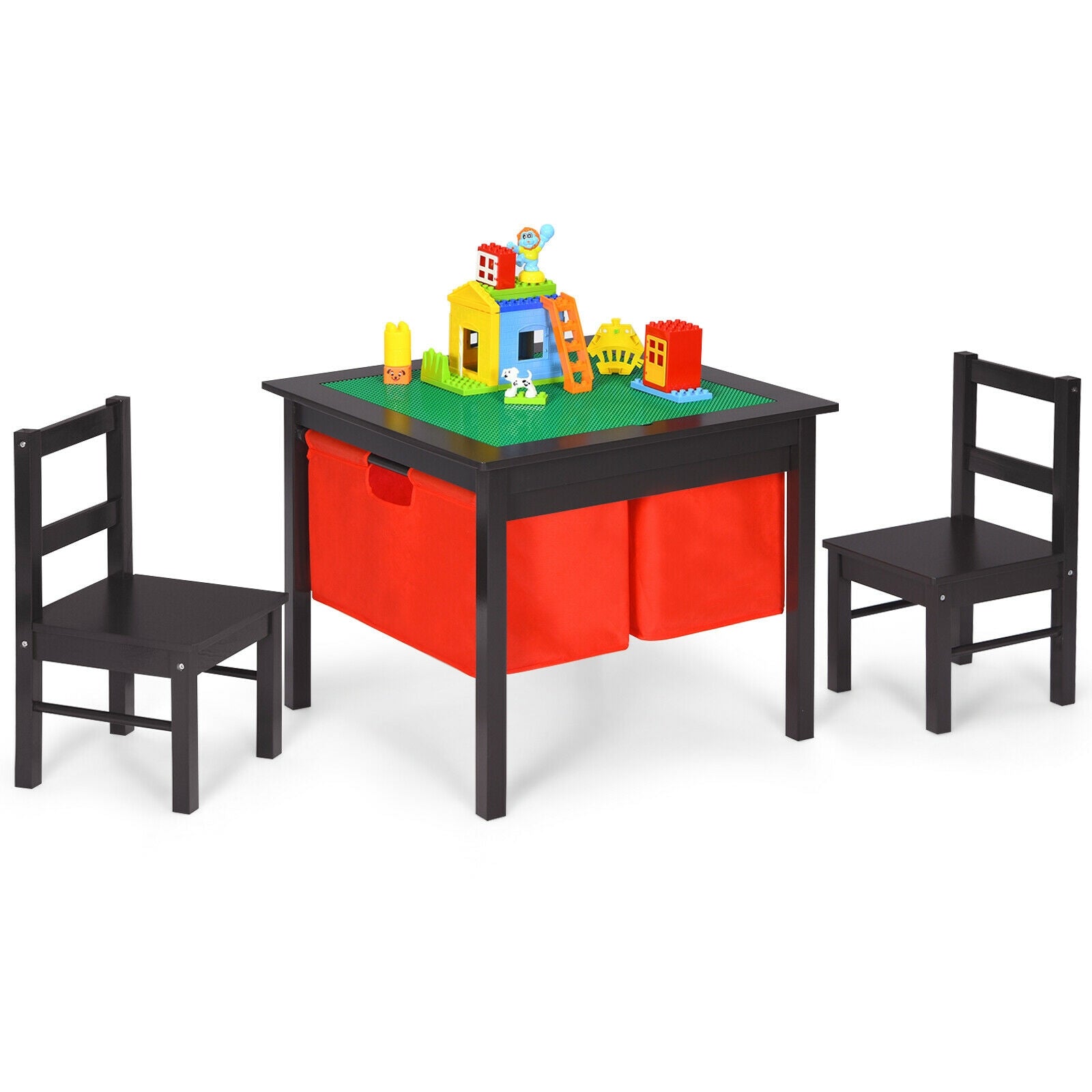 2-in-1 Kids Activity Table and 2 Chairs Set with Storage Building Block Table-Dark Brown