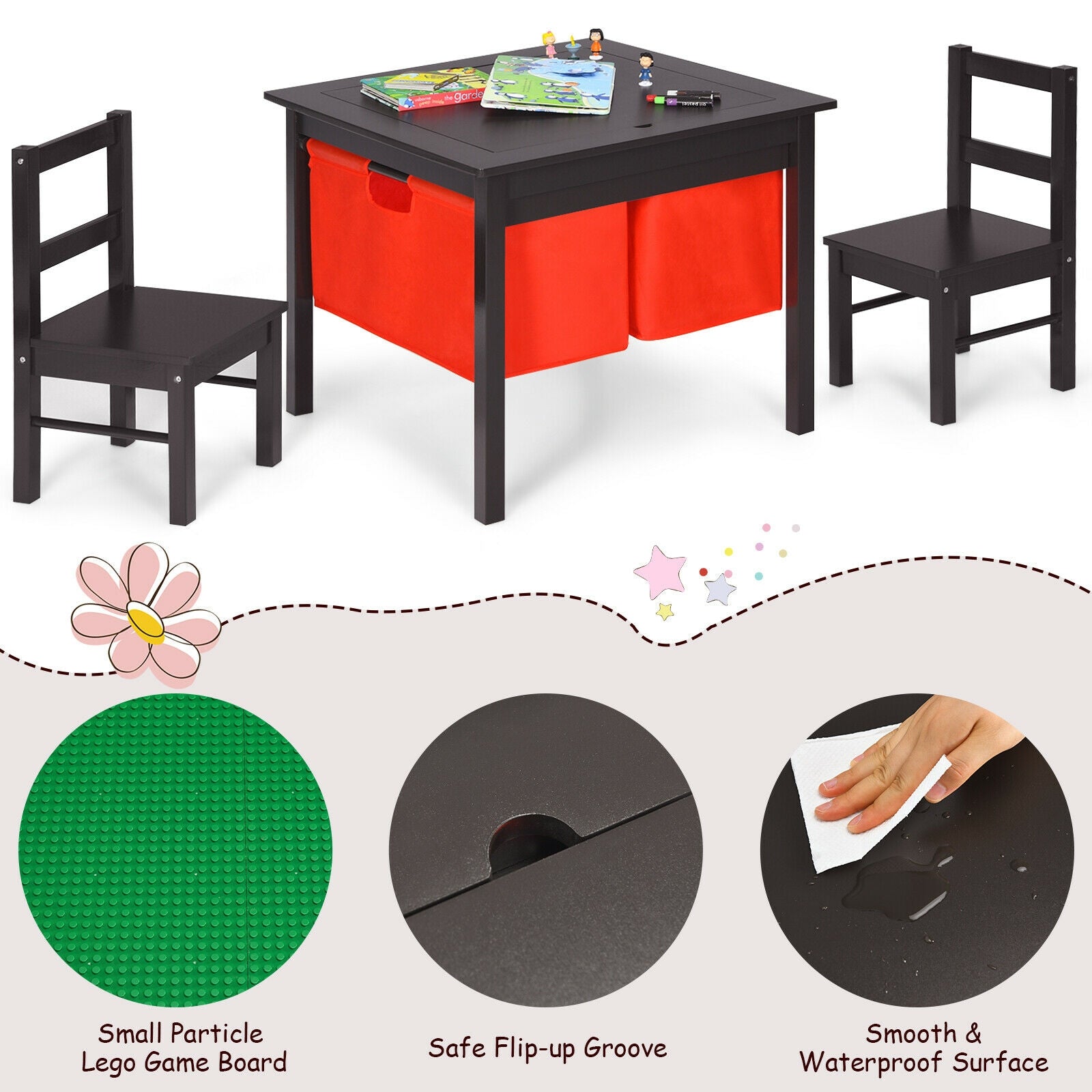 2-in-1 Kids Activity Table and 2 Chairs Set with Storage Building Block Table-Dark Brown