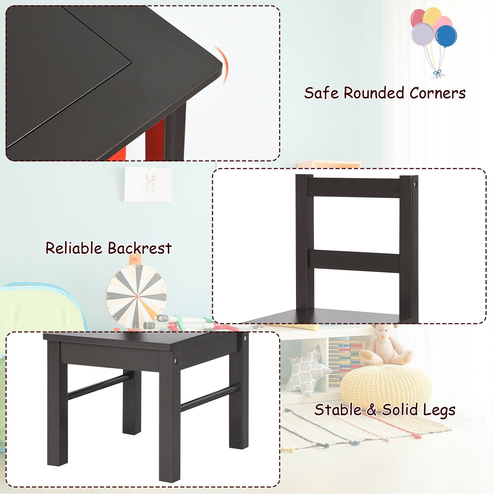 2-in-1 Kids Activity Table and 2 Chairs Set with Storage Building Block Table-Dark Brown